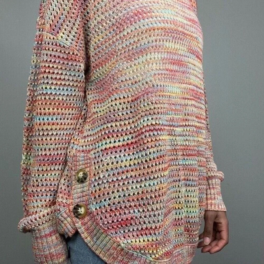 John Paul Richard Sweater Womens‎ XL Multi Open Knit Side Button Boho Space Dye